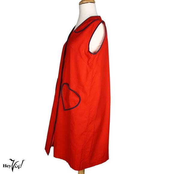 Vintage Red Loungewear Dress Blue Piping Heart Pocket Hong Kong B40 W42 -Hey Viv - Picture 4 of 8